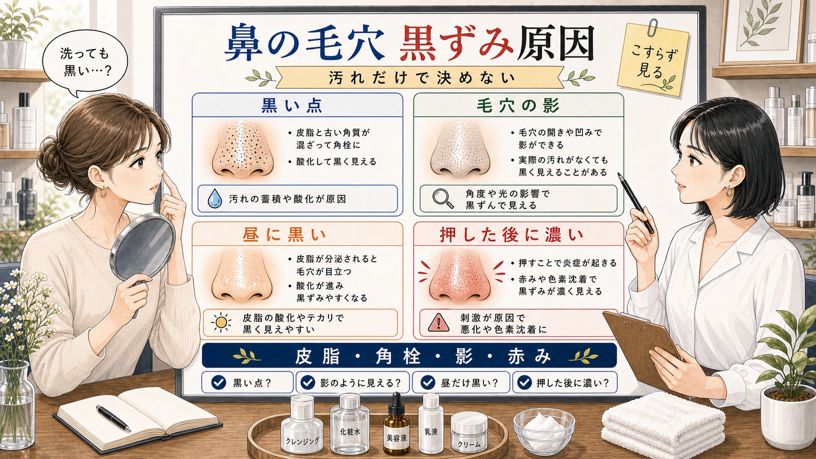 鼻の毛穴の黒ずみ原因を皮脂・角栓・影・赤みで見分ける解説ボード