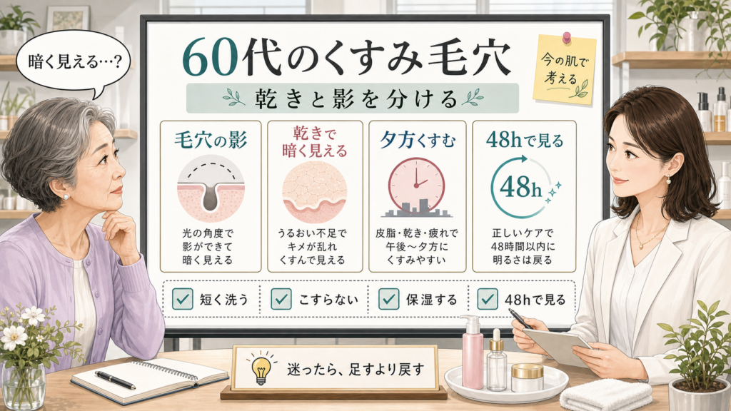 60代女性がくすみ毛穴を乾きと影に分けて見直す解説アイキャッチ