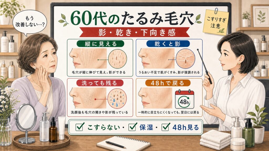 60代のたるみ毛穴を影・乾き・下向き感・48時間の戻り方で見分ける解説ボード