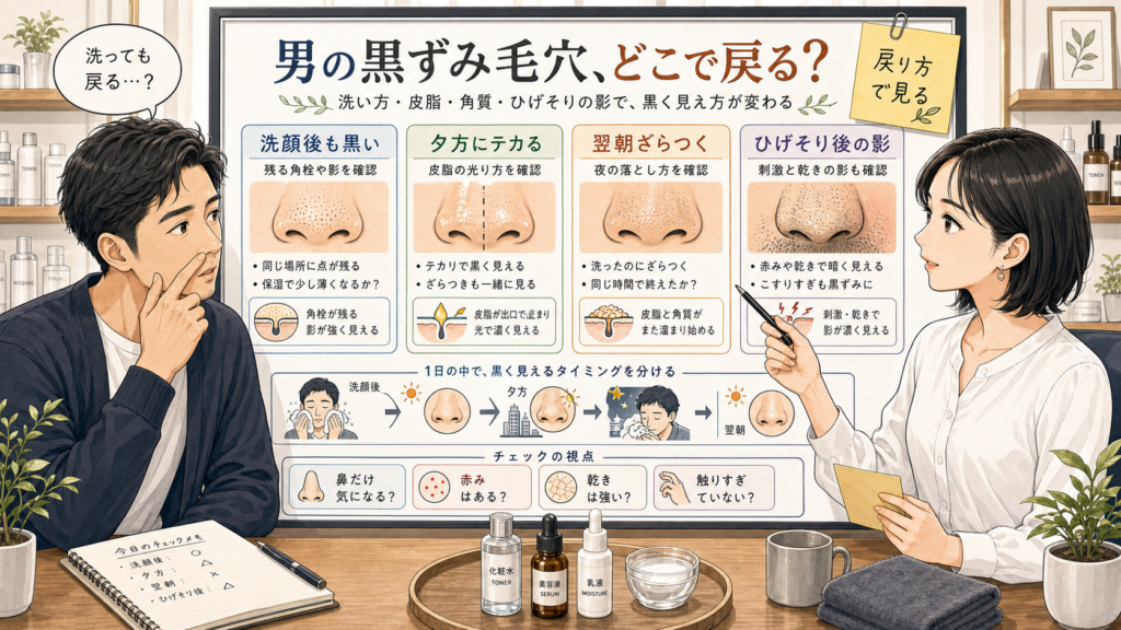 メンズ黒ずみ毛穴の戻り方を洗顔後、夕方、翌朝、ひげそり後で分ける相談ボード