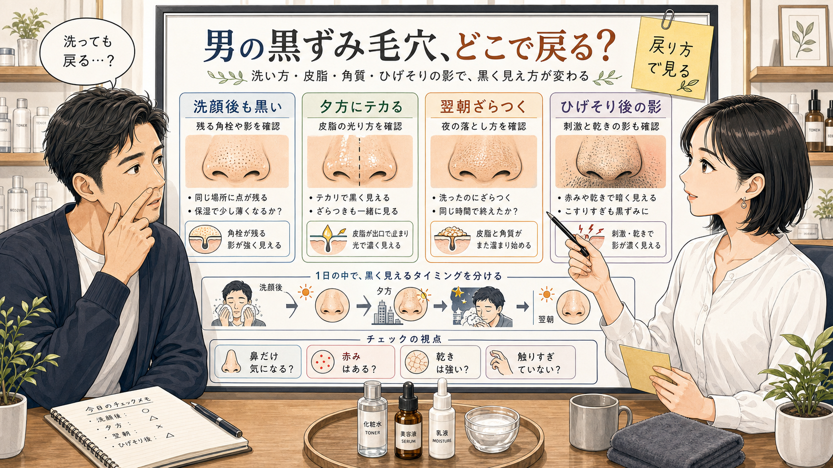 メンズ黒ずみ毛穴の戻り方を洗顔後、夕方、翌朝、ひげそり後で分ける相談ボード