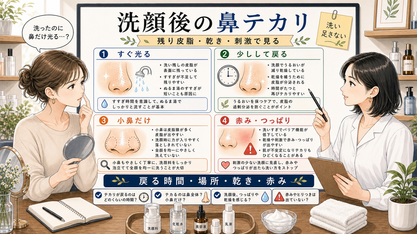 洗顔後に鼻がテカる時に残り皮脂・乾き・刺激で見分ける解説ボード