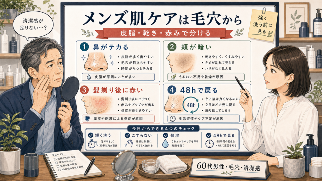 メンズ肌ケアで毛穴と清潔感を見直す60代男性向け解説アイキャッチ