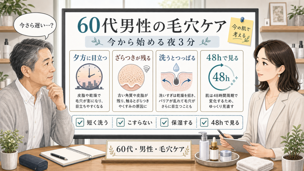 60代男性が毛穴ケア方法を夜3分の手順で見直す解説アイキャッチ