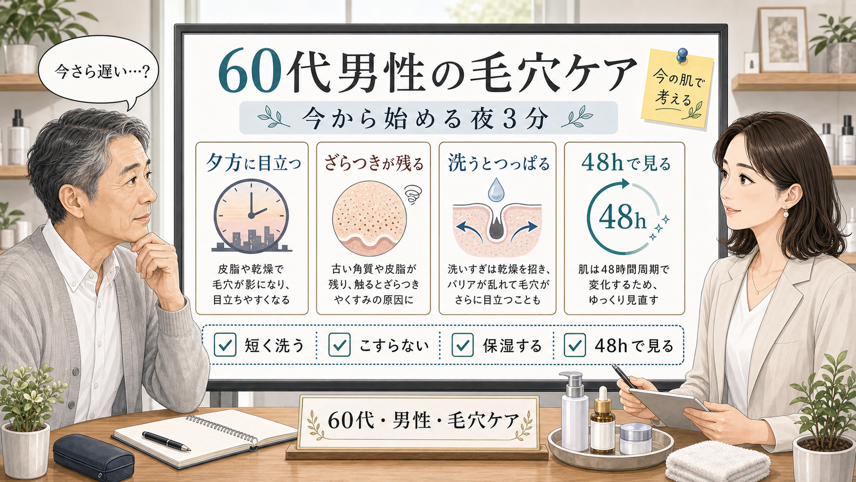 60代男性が毛穴ケア方法を夜3分の手順で見直す解説アイキャッチ