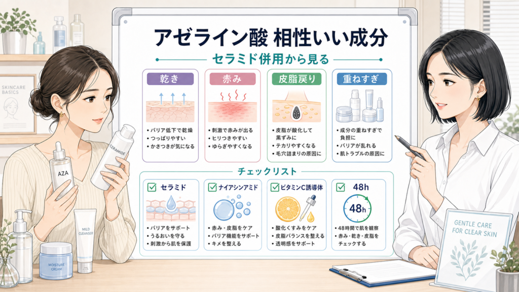 アゼライン酸と相性いい成分をセラミド併用・乾き・赤み・皮脂戻り・48時間で見分ける図