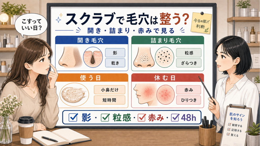 スクラブで毛穴をこする前に開き毛穴と詰まり毛穴と赤みを1433基準の若い女性アドバイザーが解説する図