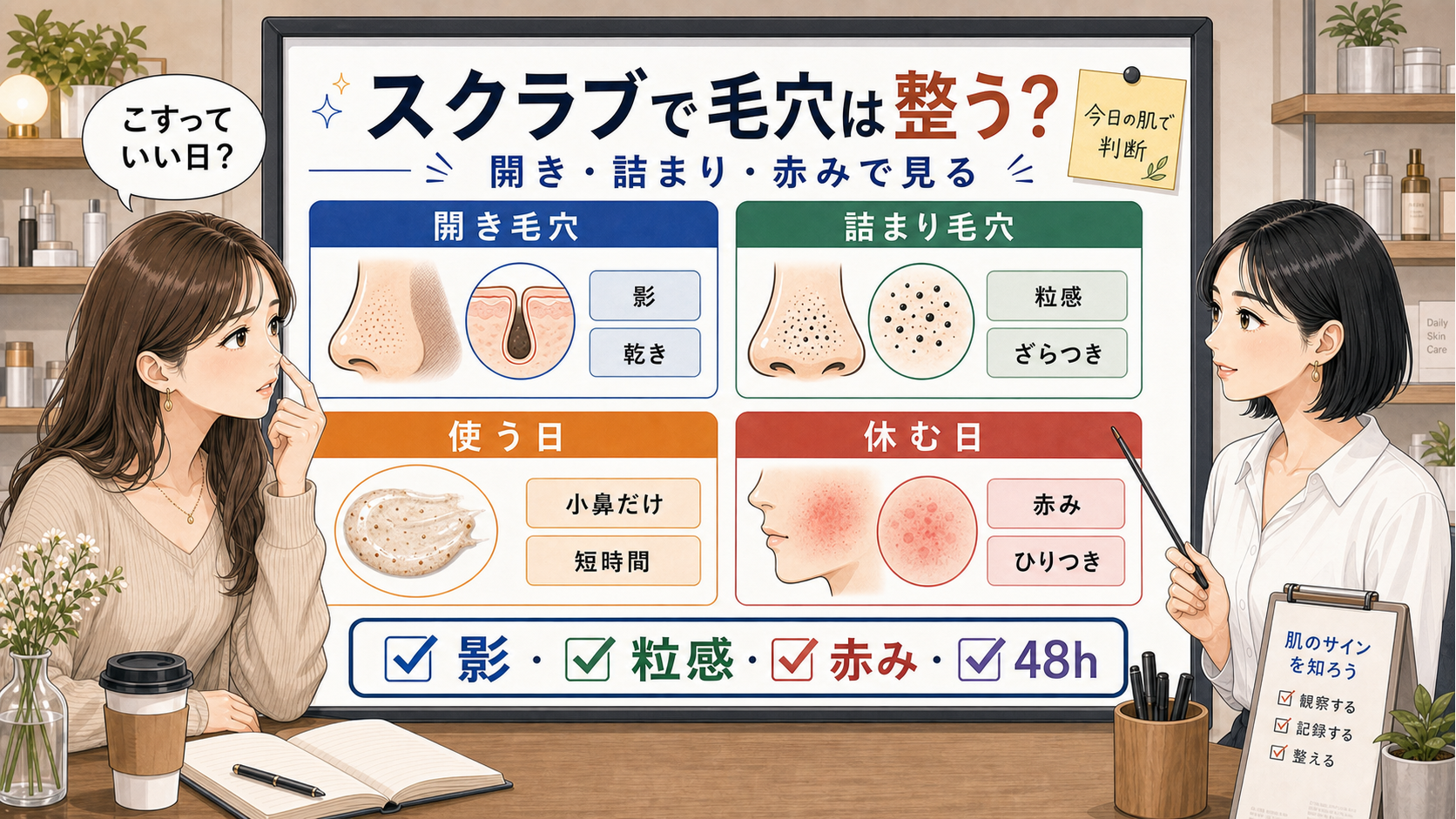 スクラブで毛穴をこする前に開き毛穴と詰まり毛穴と赤みを1433基準の若い女性アドバイザーが解説する図