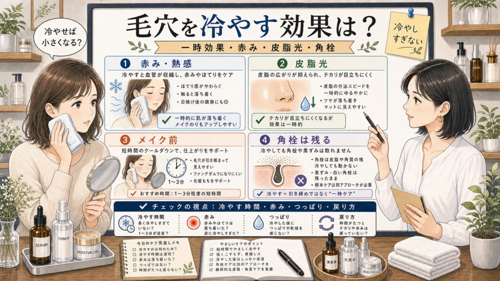 毛穴を冷やす効果を赤み、皮脂光、メイク前、角栓の限界で整理するアイキャッチ