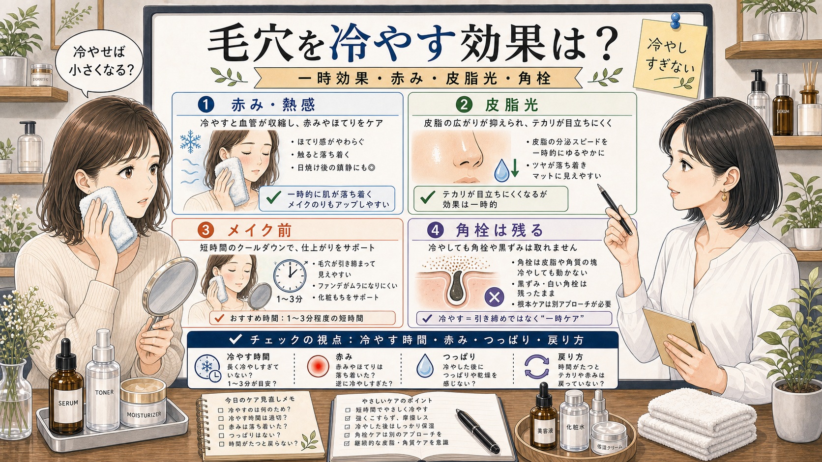 毛穴を冷やす効果を赤み、皮脂光、メイク前、角栓の限界で整理するアイキャッチ