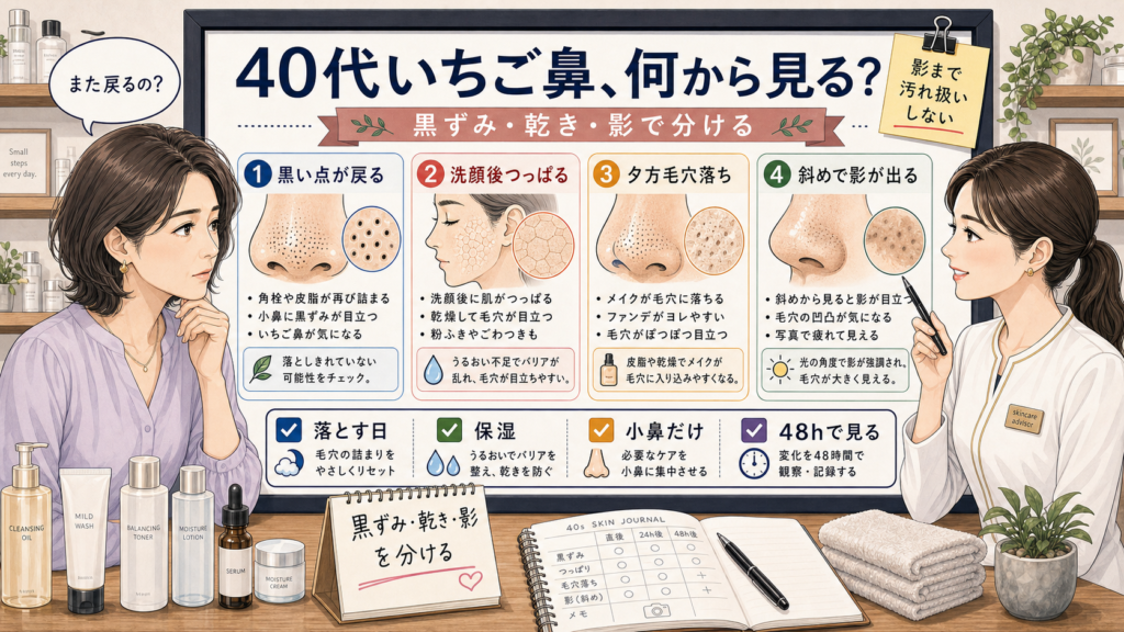 40代いちご鼻を黒ずみ・乾き・影で分ける高密度イラスト相談ボード