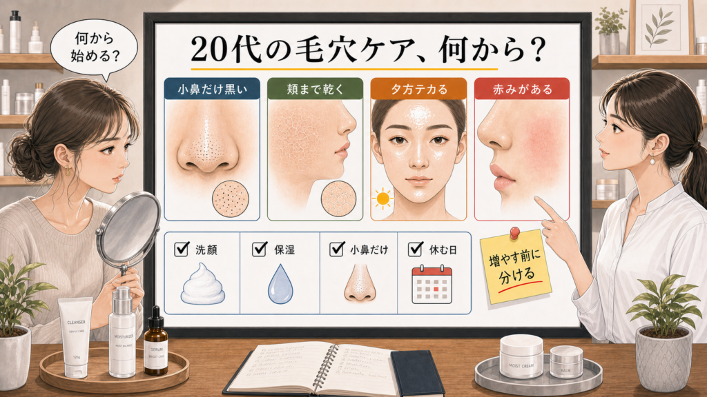 20代の毛穴スキンケアを洗顔・保湿・小鼻だけ・休む日で分ける判断ボード