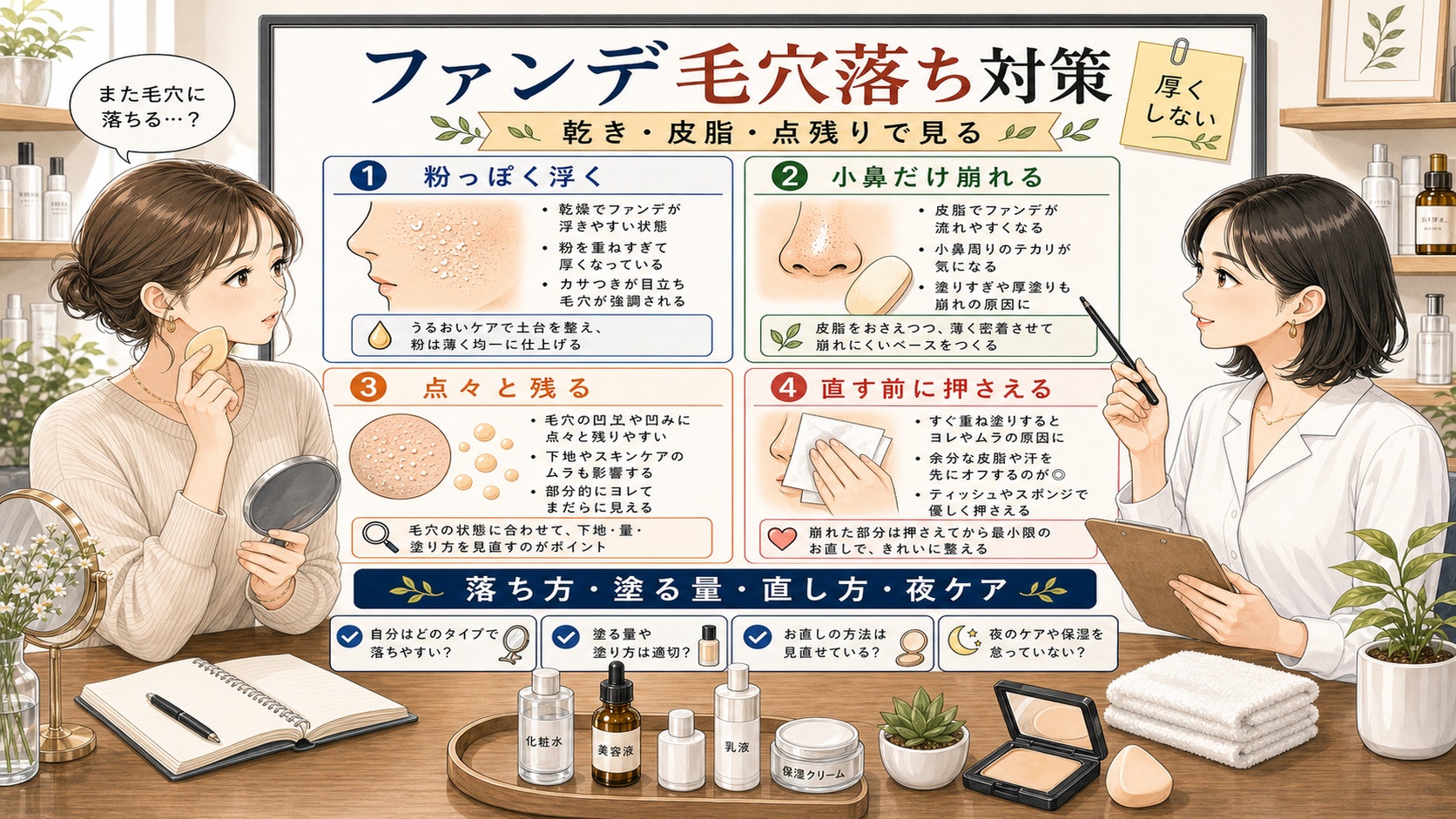 ファンデーションの毛穴落ちを乾き・皮脂・点残り・直し方で見分ける解説ボード