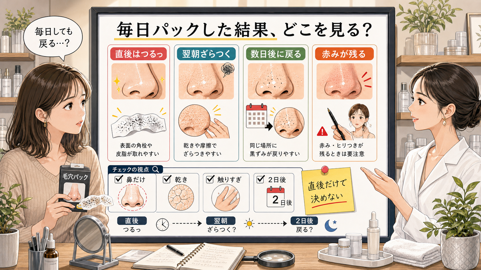 毛穴パックを毎日した結果を直後、翌朝、数日後、赤みで分ける相談ボード