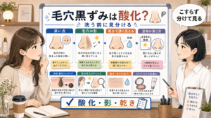 毛穴黒ずみが酸化か影か乾きかを女子大生に1433基準の若い女性アドバイザーが解説する図