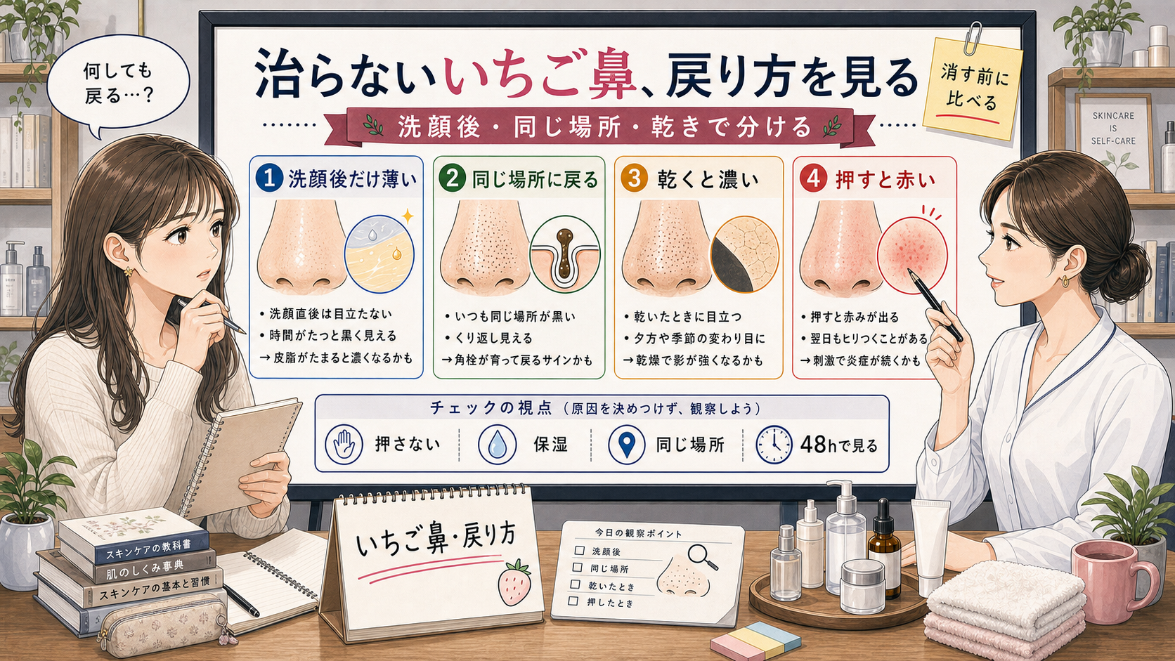 治らないいちご鼻の戻り方を洗顔後・同じ場所・乾きで分ける女子大学生向け高密度イラスト相談ボード