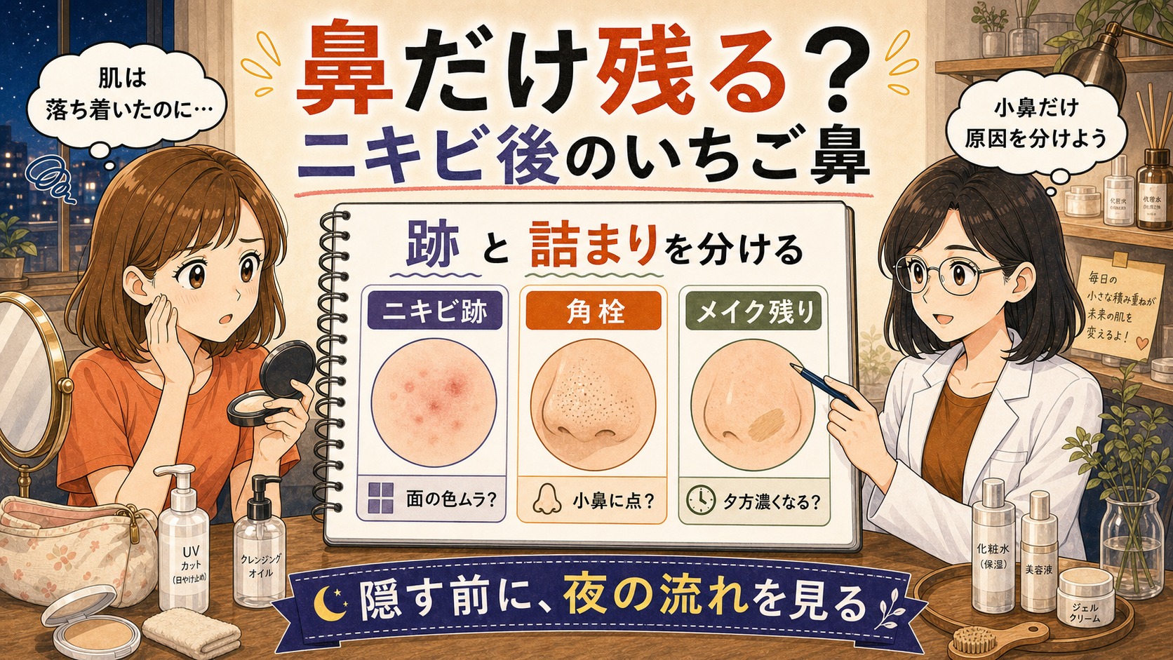 女子大生のニキビ後に残るいちご鼻を角栓と黒ずみで見分けるイラスト