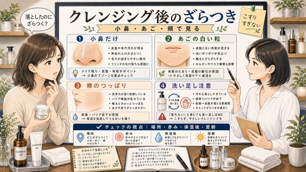 クレンジング後のざらつきを小鼻、あご、頬、洗い足し注意で整理するアイキャッチ