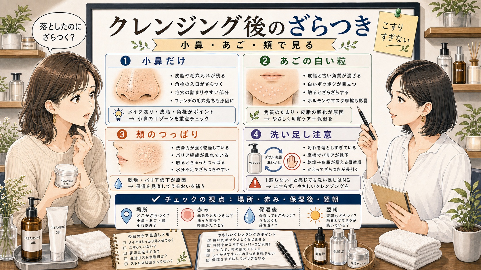 クレンジング後のざらつきを小鼻、あご、頬、洗い足し注意で整理するアイキャッチ