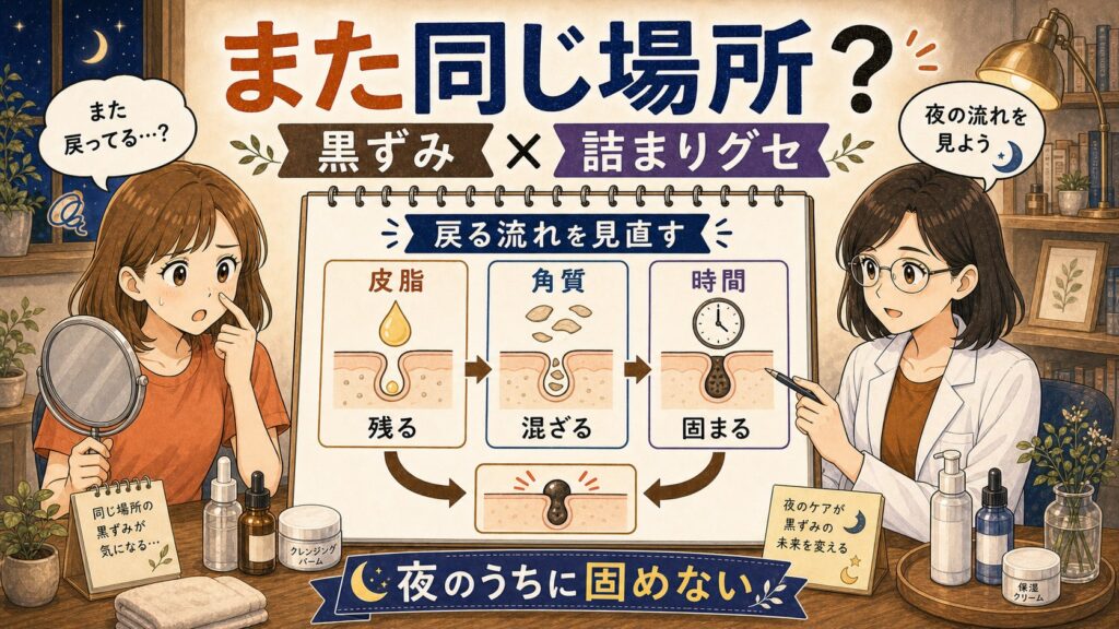 黒ずみが同じ場所に戻る理由と詰まりグセを作らない夜の毛穴ケアを整理するChocobraアイキャッチ