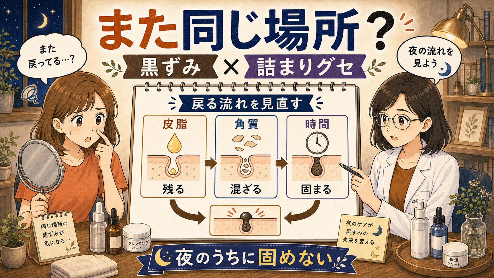 黒ずみが同じ場所に戻る理由と詰まりグセを作らない夜の毛穴ケアを整理するChocobraアイキャッチ