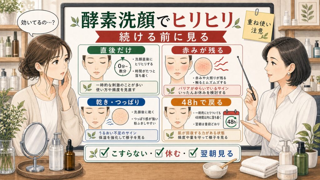 酵素洗顔でヒリヒリする時に赤み・乾き・48時間の戻り方を見る解説ボード