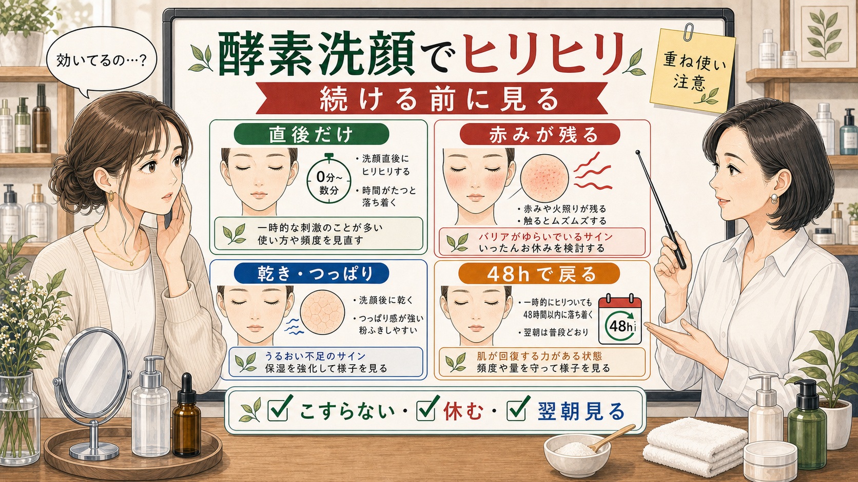 酵素洗顔でヒリヒリする時に赤み・乾き・48時間の戻り方を見る解説ボード