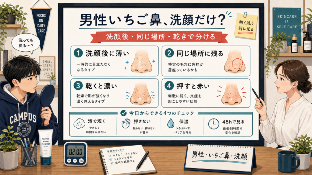 男性のいちご鼻を洗顔後・同じ場所・乾きで分ける男子大学生向け高密度イラスト相談ボード