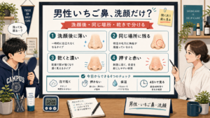 男性のいちご鼻を洗顔後・同じ場所・乾きで分ける男子大学生向け高密度イラスト相談ボード