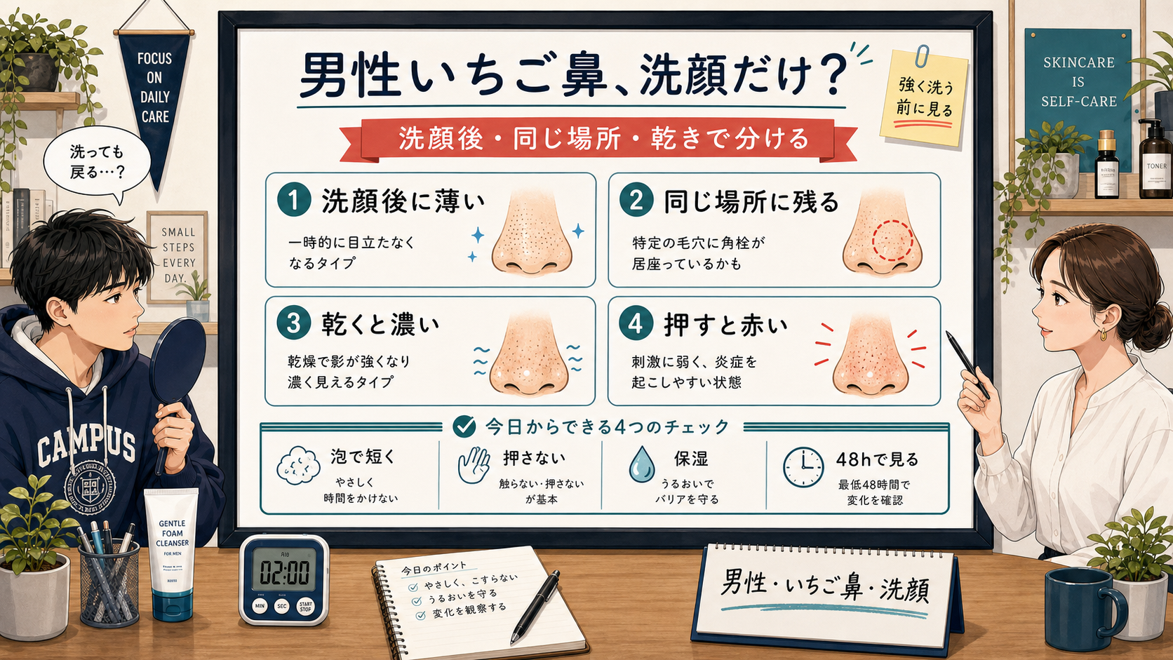 男性のいちご鼻を洗顔後・同じ場所・乾きで分ける男子大学生向け高密度イラスト相談ボード