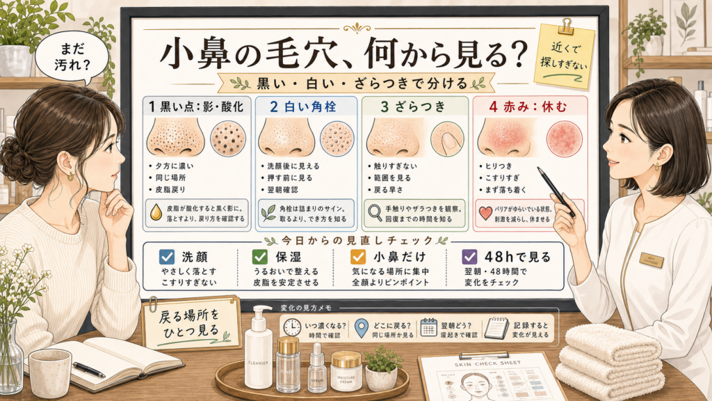 小鼻の毛穴を黒ずみ・白い角栓・ざらつきで分ける高密度イラスト相談ボード