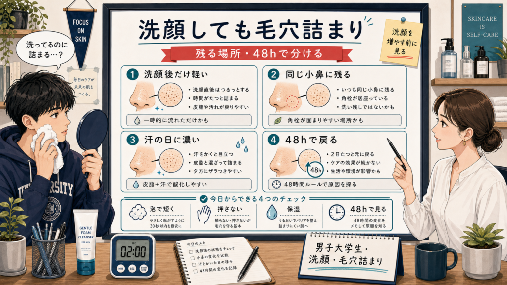 洗顔しても毛穴詰まりが戻る理由を残る場所と48時間で分ける男子大学生向け高密度イラスト相談ボード