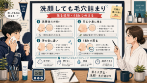 洗顔しても毛穴詰まりが戻る理由を残る場所と48時間で分ける男子大学生向け高密度イラスト相談ボード