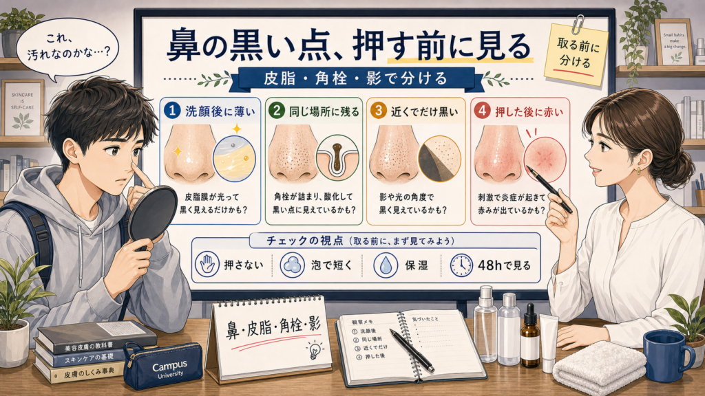 鼻の黒い点を皮脂・角栓・影で分ける男子大学生向け高密度イラスト相談ボード