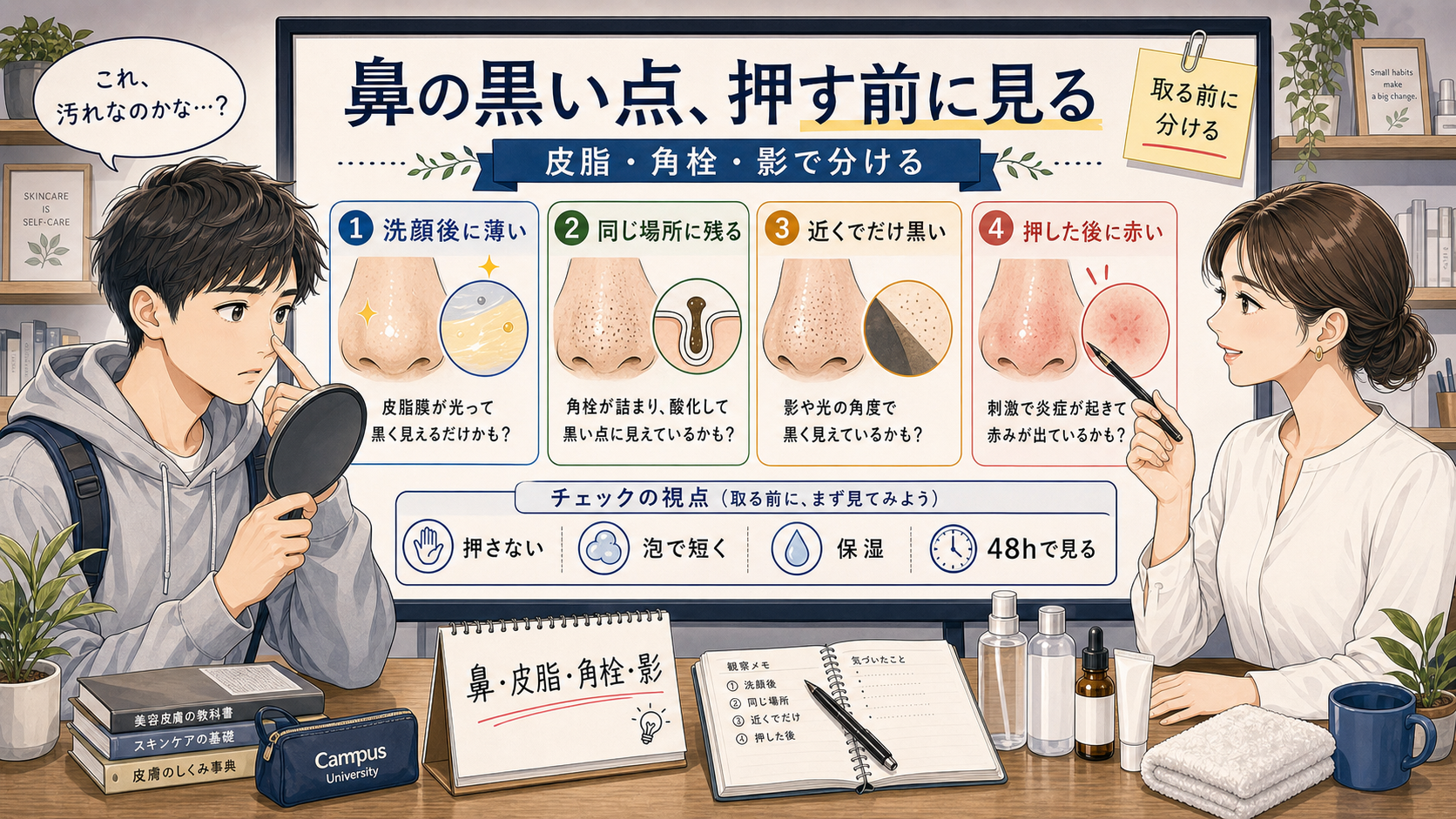 鼻の黒い点を皮脂・角栓・影で分ける男子大学生向け高密度イラスト相談ボード