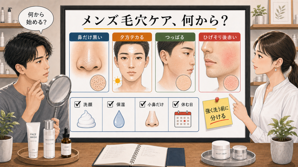 メンズ毛穴ケアを洗顔・保湿・小鼻だけ・休む日で分ける判断ボード