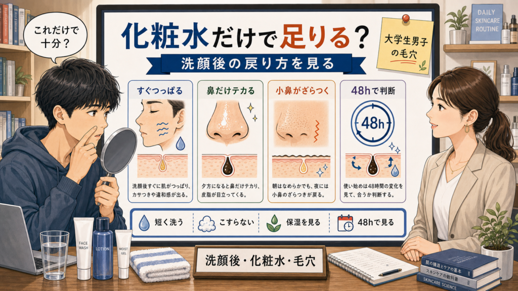 大学生男子が洗顔後に化粧水だけで毛穴ケアが足りるかを見直す解説アイキャッチ