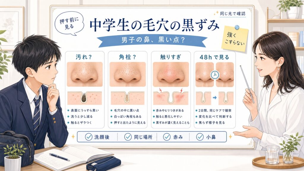 中学生男子の鼻の毛穴の黒ずみを汚れ、角栓、触りすぎ、48時間の戻り方で整理する美容相談ボード