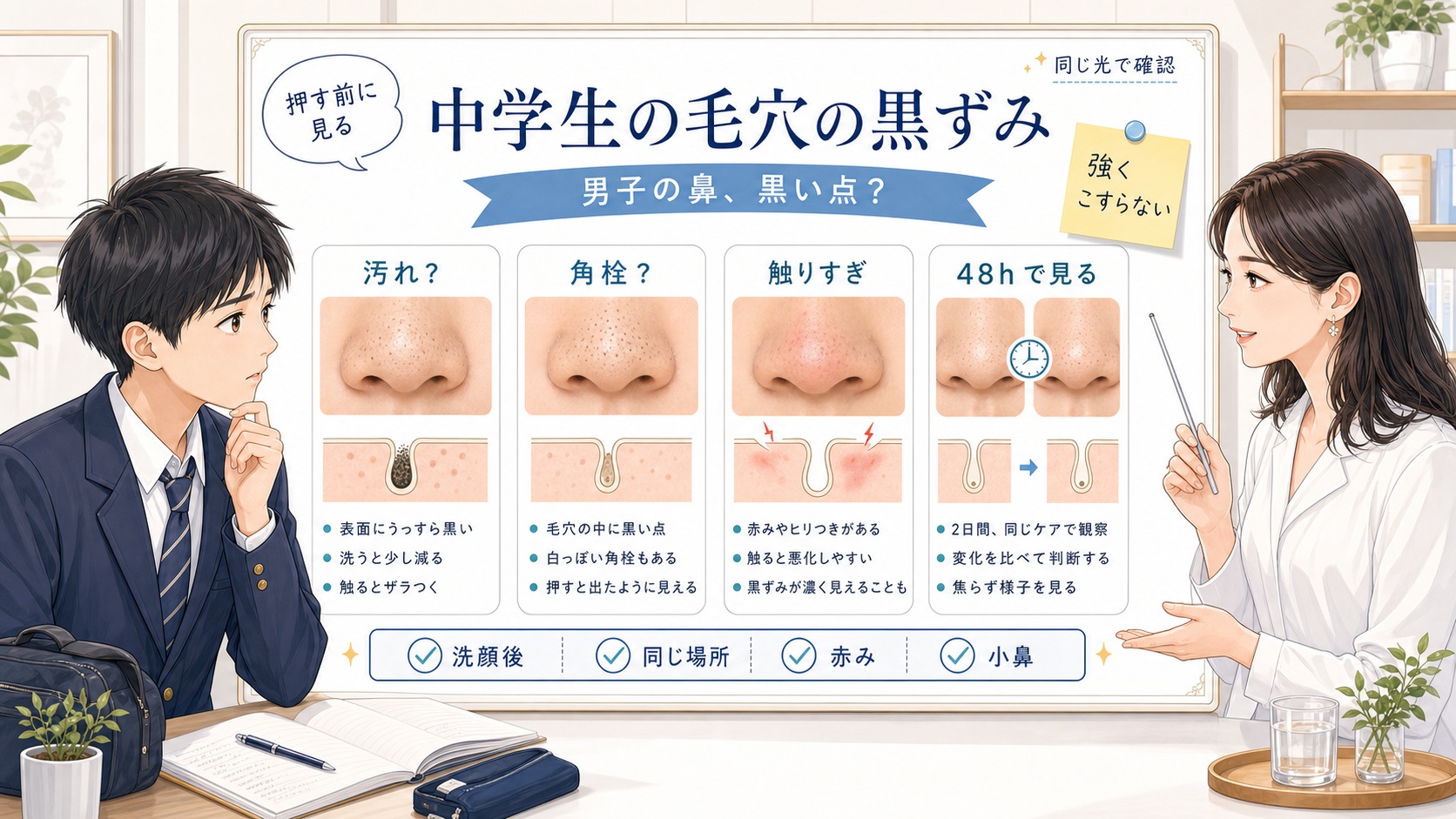 中学生男子の鼻の毛穴の黒ずみを汚れ、角栓、触りすぎ、48時間の戻り方で整理する美容相談ボード