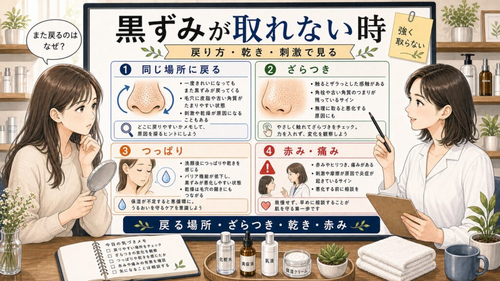 鼻の黒ずみが取れない時に戻り方・ざらつき・つっぱり・赤みを見分ける解説ボード