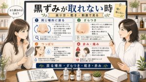 鼻の黒ずみが取れない時に戻り方・ざらつき・つっぱり・赤みを見分ける解説ボード