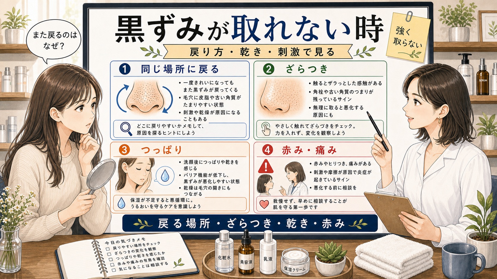 鼻の黒ずみが取れない時に戻り方・ざらつき・つっぱり・赤みを見分ける解説ボード