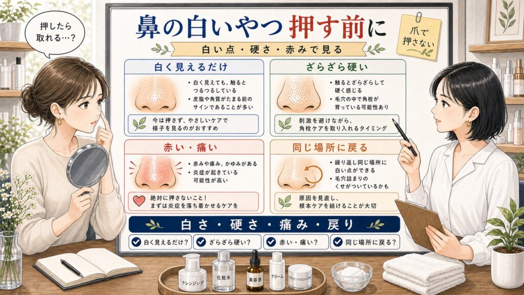 鼻の白いやつを押し出す前に白さ・硬さ・痛み・戻りを見分ける解説ボード