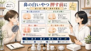 鼻の白いやつを押し出す前に白さ・硬さ・痛み・戻りを見分ける解説ボード