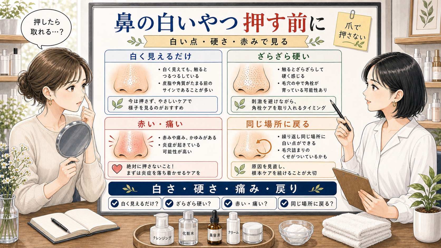 鼻の白いやつを押し出す前に白さ・硬さ・痛み・戻りを見分ける解説ボード