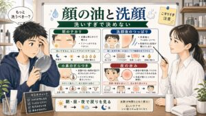 男子中学生の顔の油と洗顔を若い女性アドバイザーが解説する見分け方
