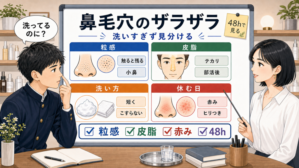 鼻毛穴のザラザラを男子中学生に1433基準の若い女性アドバイザーが粒感と皮脂と赤みで解説する図