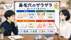 鼻毛穴のザラザラを男子中学生に1433基準の若い女性アドバイザーが粒感と皮脂と赤みで解説する図