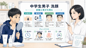 中学生男子の洗顔を皮脂戻り・部活後・こすりすぎ・つっぱり・48時間で見分ける図