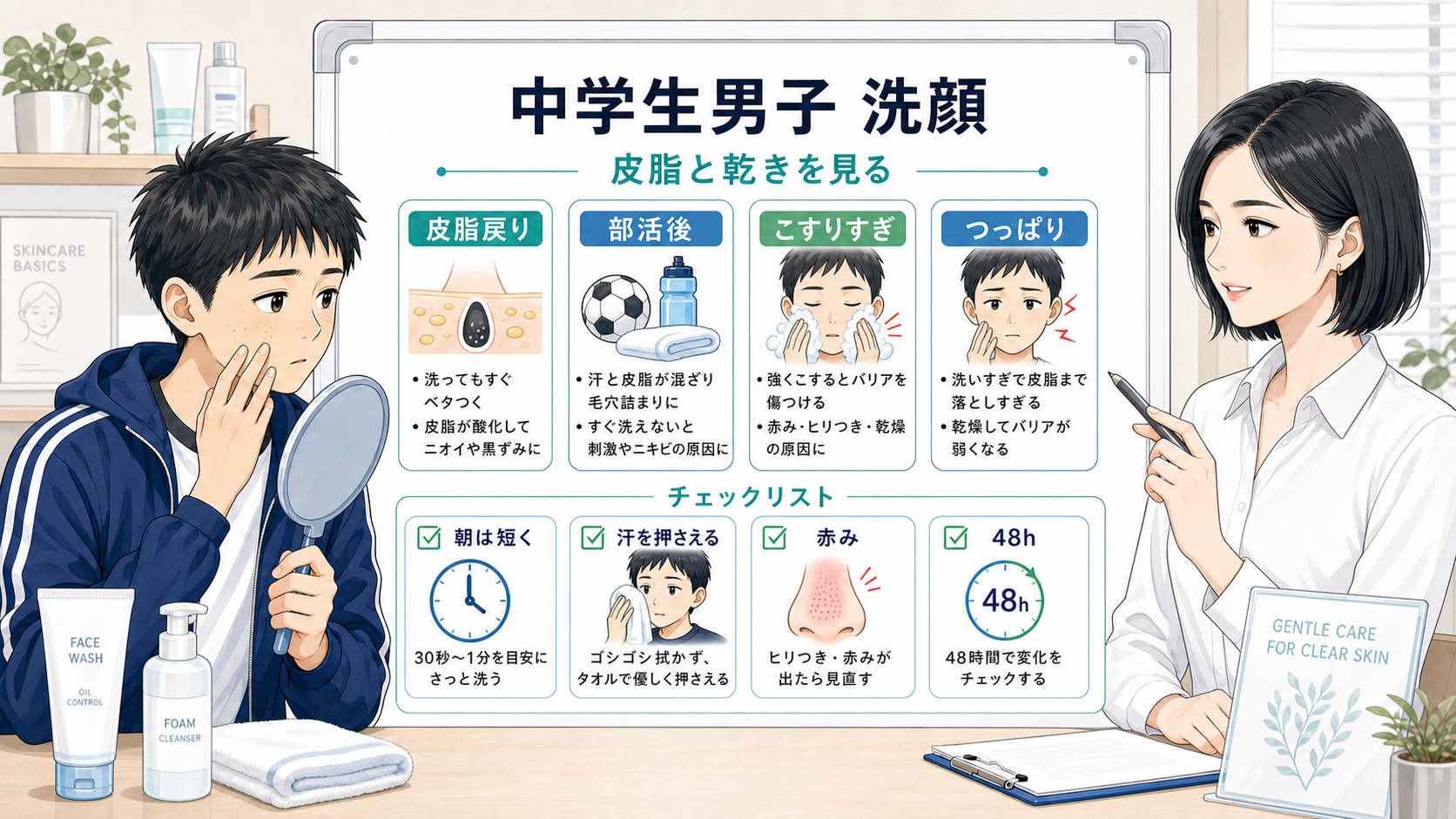 中学生男子の洗顔を皮脂戻り・部活後・こすりすぎ・つっぱり・48時間で見分ける図